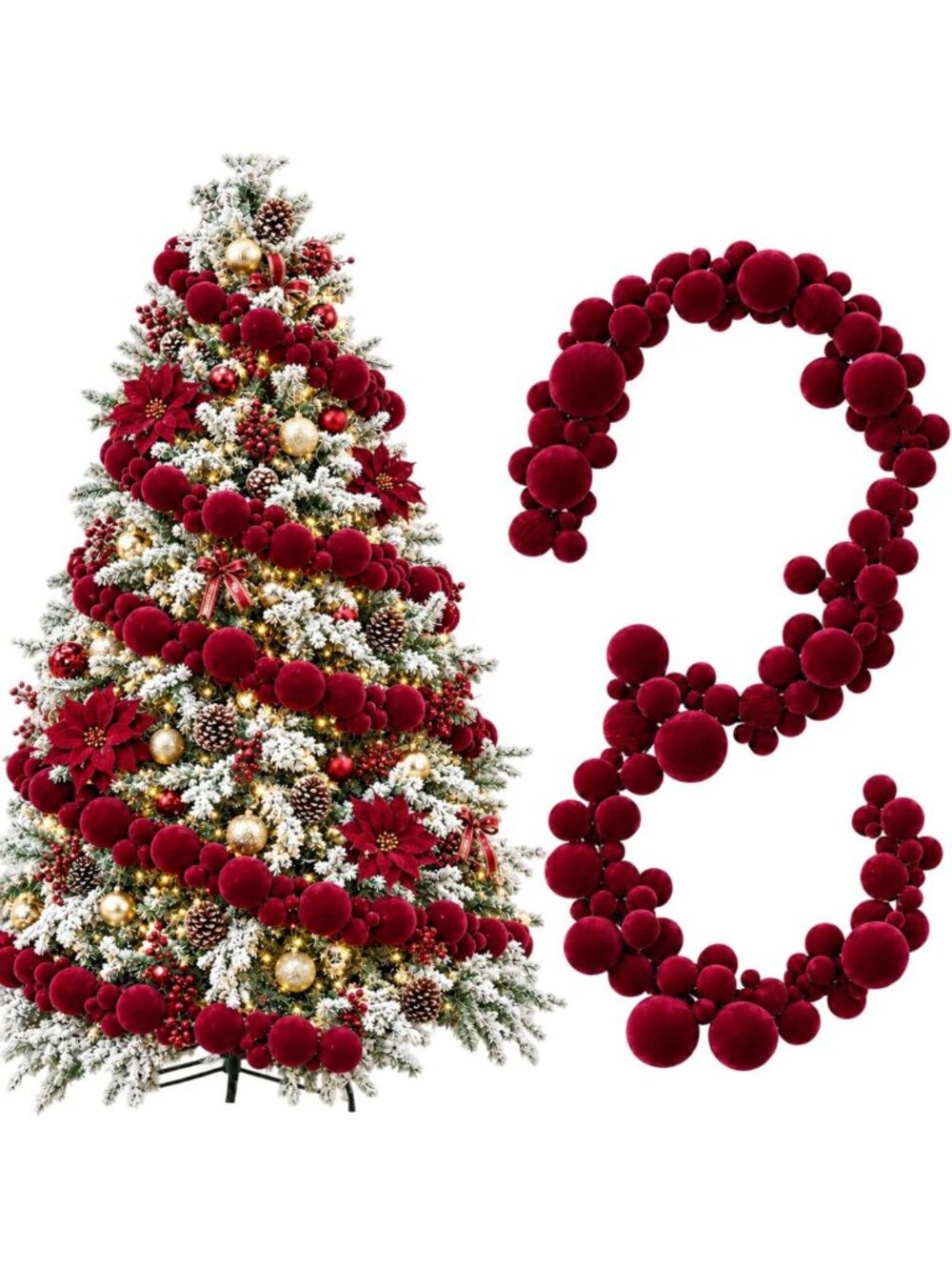 6ft Burgundy Velvet Christmas Ball Ornament Garland - 2 Piece Holiday Decor